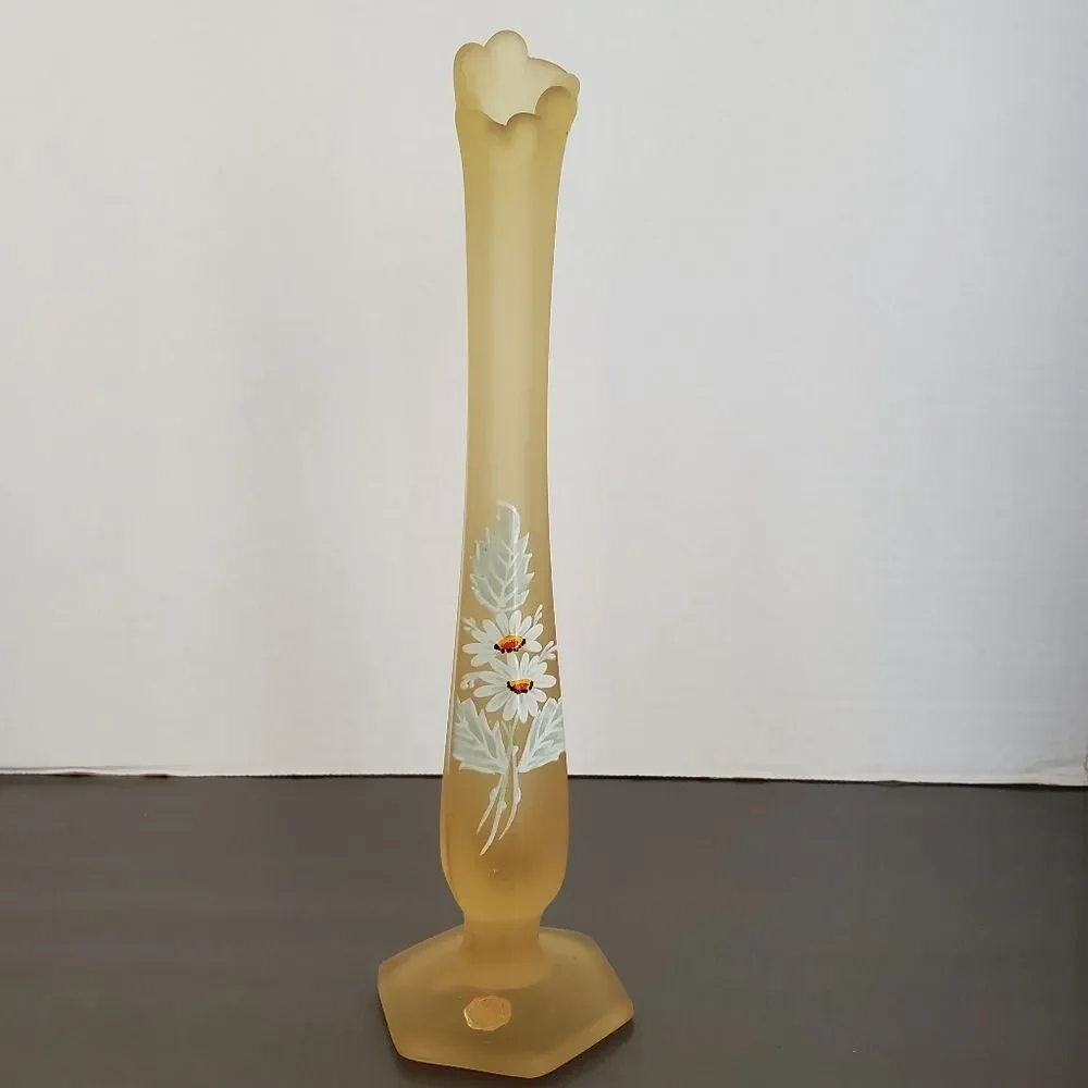 Westmoreland Yellow Satin Glass Swung Vase Daisy Floral Bud Vase 10.5